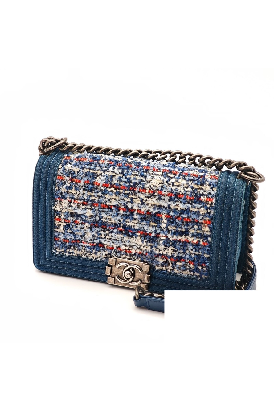 Chanel Boy Denim Tweed Shoulder Bag Flap Blue